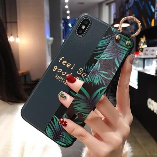 Fashion Art Leaf Wristband Stand Case for OPPO A5 2020 A9 Realme 8 Pro Reno 5 6 Pro Cover Luxury Soft Emboss Phone Holder Cover