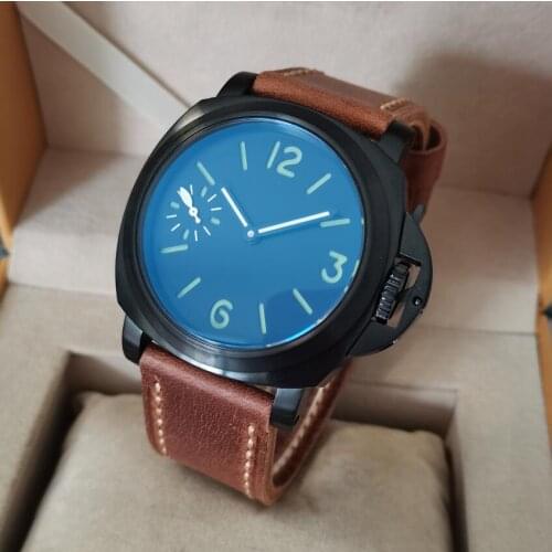 44MM no LOGO Black Brushed case Black dial green number Mineral glass blue coating Mechanical Hand Wind Mens watch