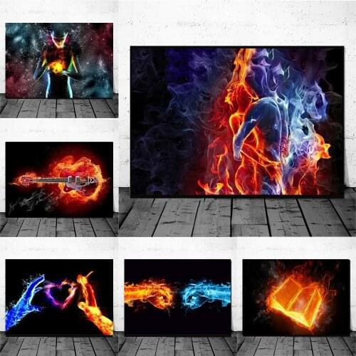 Flame And Ice Lover Hug Kiss Painting Picture On Canvas Posters And Prints Abstract Wall Art Couple Room Fashion Decorative