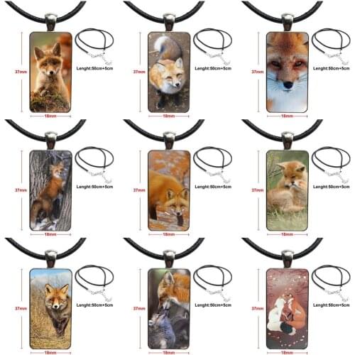 For Girls Handmade Gift Cute Baby Foxes Red Pink Fox Glass Cabochon Choker Pendant Rectangle Necklace Steel Color Jewelry