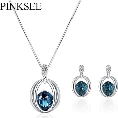 PINKSEE Luxury Dark Blue Rhinestone Jewelry Set For Women Creative Necklace Earrings Wedding Party Series Accessories