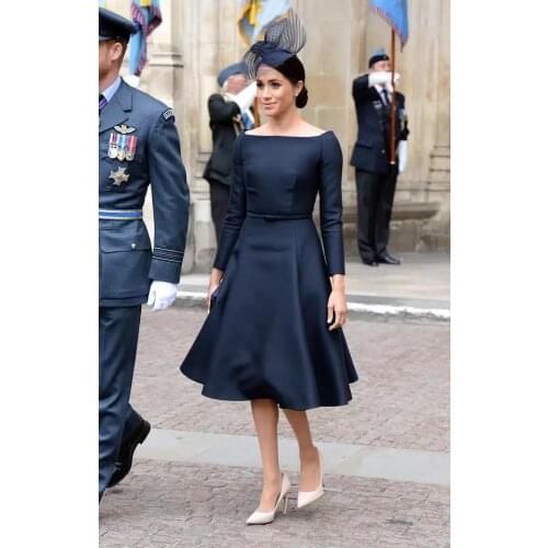 Dark Navy Meghan Celebrity Dresses Boat Neck A-Line Long Sleeves Knee Length Stain Sashes Guests Formal Evening Prom Gowns New