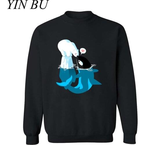 Mens Sweatshirt Lovely Dolphin Kiss Polar Bear Animal Printed Peaceful Killer Whale Love Bear Hoodies Men Streetwear Plus Size