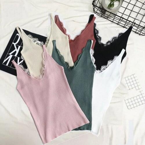 Fashion Camisoles Women Sleeveless Knitting Vest V-Neck Ladies Solid Lace Tank Tops Womens Intimates Skinny Vest Lady Bralette