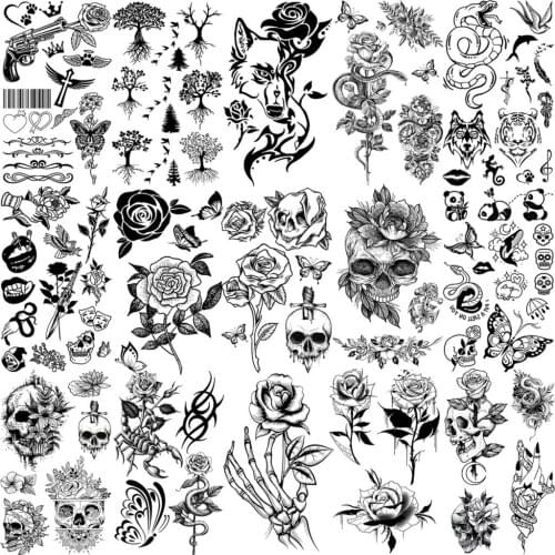 Black Skull Rose Flower Temporary Tattoos For Women Adult Girls Kids Snake Scorpion Wolf Tree Fake Tattoo Finger Ear Tatoos