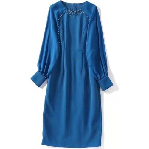 European and American womens wear new autumn 2022 Long sleeve lantern sleeve heavy nail bead fashion Black slim dress