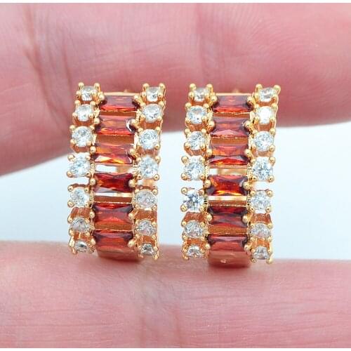 Gold Color Women Fashion Luxury Red Cubic Zirconia CZ Huggie Hoop Earrings Jewelry