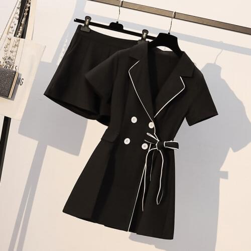Oversized two pieces women shorts sets 2020 autumn new turn-down collar belt and wide leg shorts office lady suits