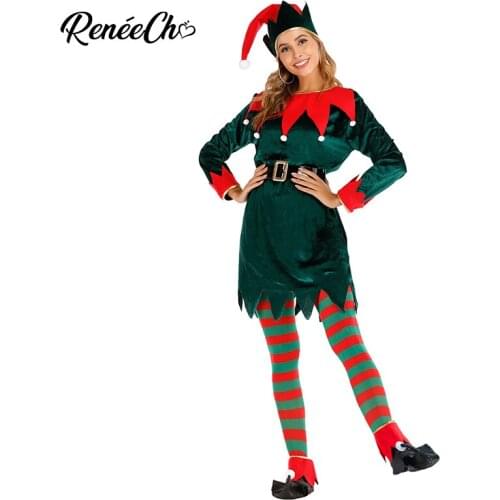 Reneecho Women Santa Helper Costume Elf Costume Adult Green Lady Plus Size Christmas Cosplay