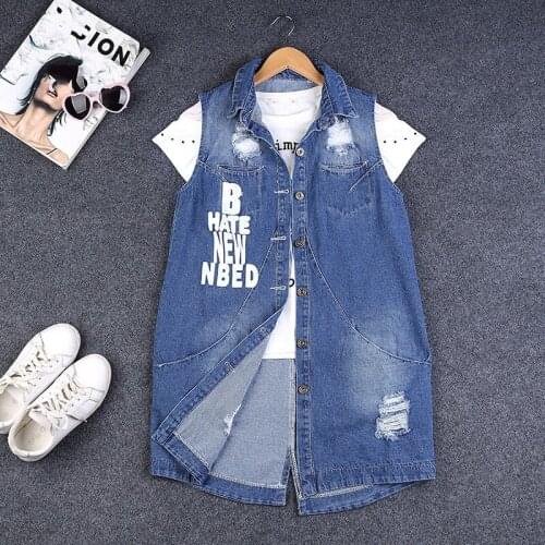 Women Hole Ripped Denim Vest Plus Size S-9XL Sleeveless Jacket Female Letter Printed Boyfriend Long Style Casual Jeans Waistcoat