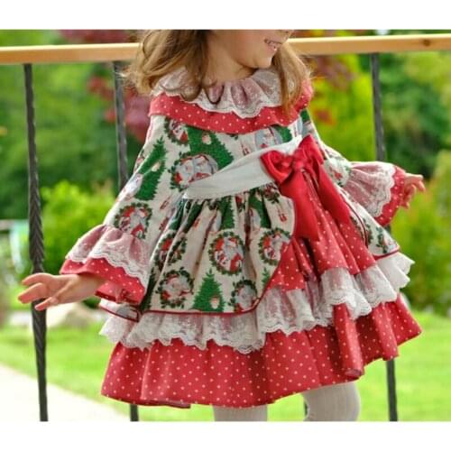 FOCUSNORM 1-6Y Princess Kids Girls Christmas Layered Dress Santa Printed Lace Long Flare Sleeve Bowknot Knee Length Dress