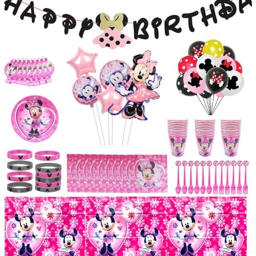 130Pcs Disney Minnie Mouse Birthday Party Decorations Disposable Tableware Balloon Set Scenes Collection Decor For Kids Favor