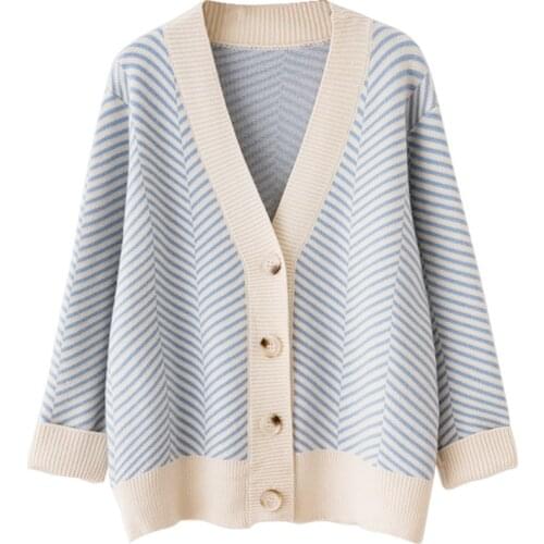 20210 Women Autumn Spring V-Neck Knitted Striped Women Sweaters Coat Cardigans Long Sleeve Women Poncho Sweaters Pull Femme Tops