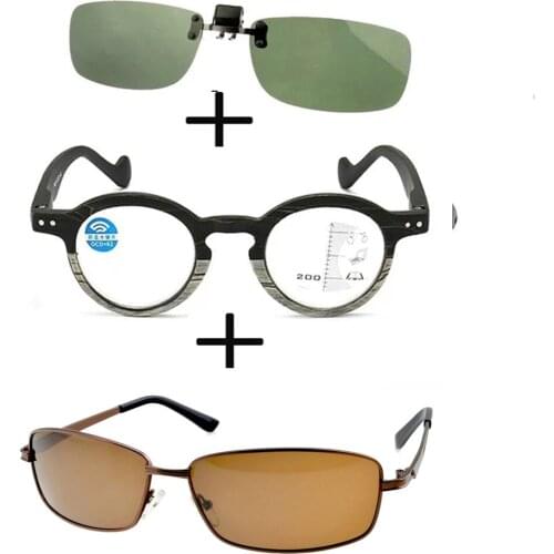 3Pcs!! Wood Progressive Multifocal Far and Near Reading Glasses Men Women + Alloy Polarized Sunglasses Outdoor + Sunglasses Clip