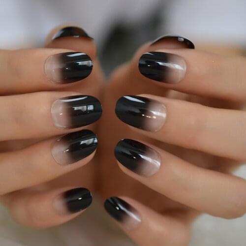 Black Ombre Clear False Nails Short Oval Press On Fingernails Nails Designed for Daily 24 Count