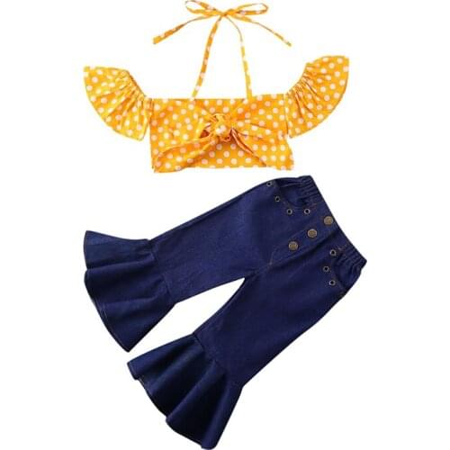 Baby Girls Kids Straps Ruffle Tops T Shirt+Denim Pants Bell Bottom Outfits Set girls summer outfits clothes for girl summer 2020