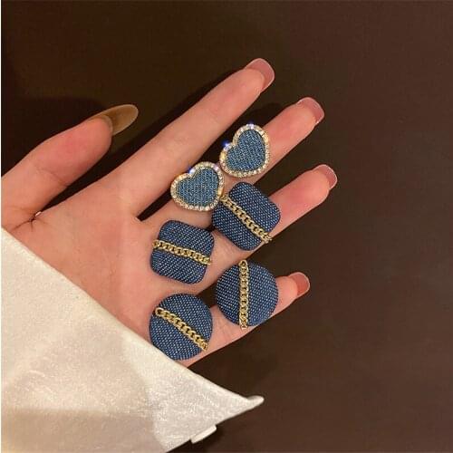 Denim Heart Earrings Korean Trend Geometric Square Stud Earrings Crystal Round Earring For Women Girl Fashion Jewelry Party Gift