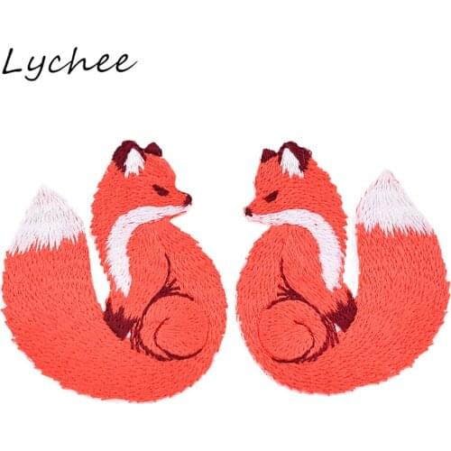 Lychee Symmetrical Animal Red Fox Embroidered Iron On Patch For Clothes Bag DIY Sewing On Decor Cloth Applique