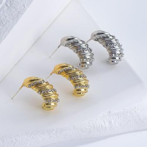 Lifefontier Punk Metal Rhinestone Hoop Earrings for Women Gold Silver Color Twisted Geometric C-shaped Small Earrings Jewelry