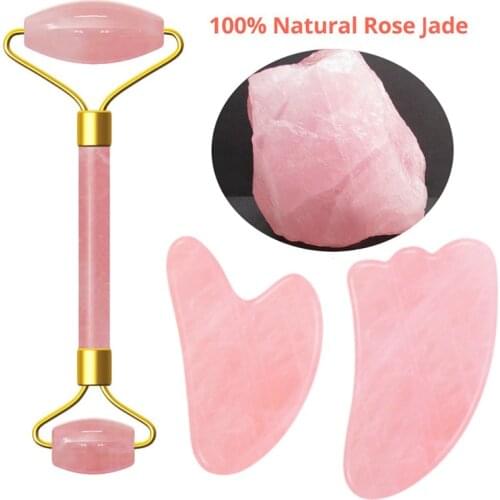 Pink Crystal Stone Jade Roller Set Face Lift Massage Roller Facial Slimming Massager Natural Quartz Stone Neck Massage Tool