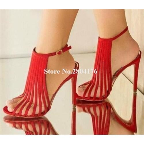 Newest Red Suede Vertical Straps High Heel Sandals Transparent Clear PVC Patchwork Caged Sandals Women Summer Pumps Dress Shoes