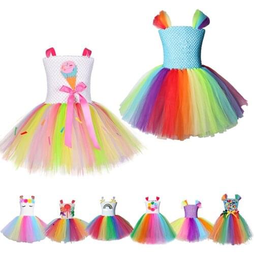 Halloween Clothes Girls Rainbow Dress Princess Costume Kids Candy Sweet Knitted Ball Gown Child Carnival Birthday Party Dresses