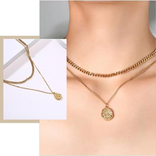 Retro Coin Charm Chain Necklaces for Women Gold Color Stainless Steel Metal Double Layers Cuban Link Collar Christmas Gifts