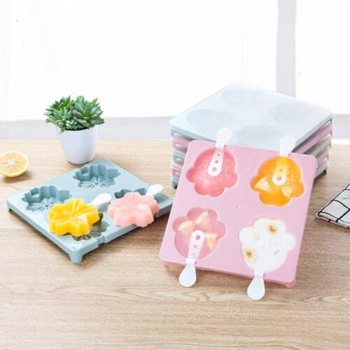 4 Cell with Lid Silicone Ice Cream Mold Popsicle Molds DIY Homemade Dessert Freezer Fruit Juice Ice Maker Mould with Sticks