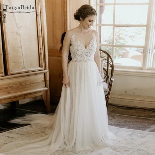 V-Neck Tulle Skirt Wedding Dresses Beads Lace A Line Bridal Gowns Boho Noivas DW433