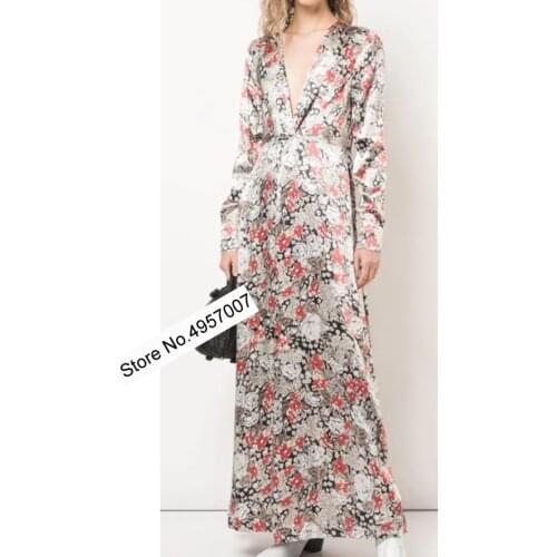 Elfbop Viscose Floral Print Deep V Neckline Vintage-inspired Long Sleeve Maxi Dress Features Front With Twisted Knot