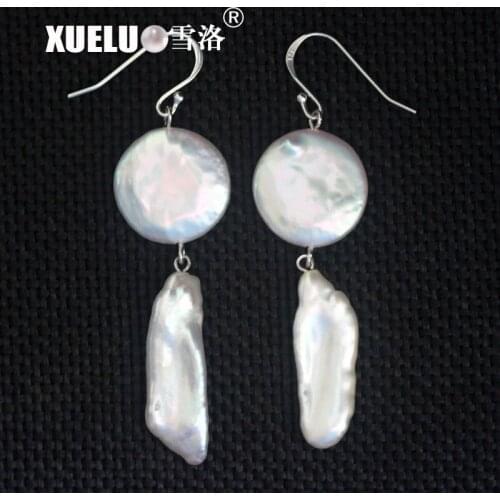 XUELUO Fashion Trendy 925 Sterling Silver 15mm Large Natural Freshwater Coin Pearl + Irregular Baroque Pearl Earrings for lady
