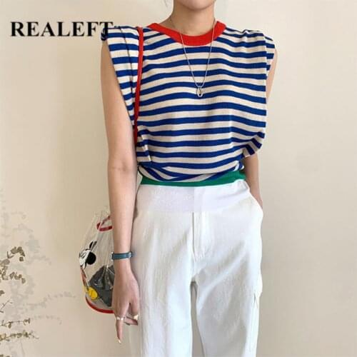 REALEFT Summer 2021 New Knitwear Vintage Striped Womens T-shirts O-Neck Padded Shoulder Office Shirts Female Chic Tops Tees