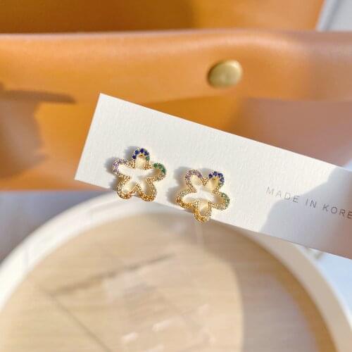 2021 New Arrival 14K Gold Plated Pierced Multi-color Flower Stud Earrings For Women Luxury Jewelry Zircon Earrings