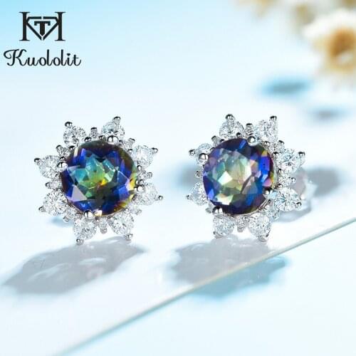Kuololit Natural Blueish Mystic Quartz Gemstone Stud Earrings for Women 925 Sterling Silver Engagement Earrings Fine Jewelry