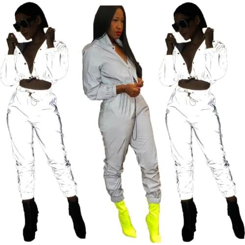 Women Suit 2020 New Fashion Reflective Fluorescence Sexy Long Sleeve Button Two-piece Suit for Female