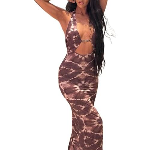 Xingqing Womens Halter Bodycon Midi Dress Sleeveless Backless Tie Dye Print Cutout Long Dress Summer Sleeveless Slim Maxi Dress