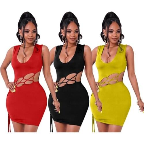 ZKYZWX Hollow Out Bandage Bodycon Dress for Women Summer Sexy Sleeveless Y2k Clothing Streetwear Ladies Club Party Mini Dresses