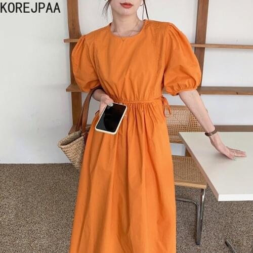 Korejpaa Women Dress 2021 Korean Fashion Summer Solid Color O-neck Side Strappy Pleated High-waist Bubble Sleeve Long Vestido