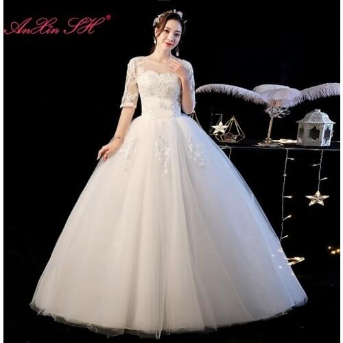 AnXin SH vintage princess flower wedding Dress bride party o neck flower lace illusion half sleeve turkey white wedding dress