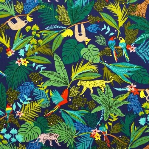 1 Yard Cotton Poplin Fabric for Sewing Patchwork, Dress, Cloth - Aniamls and Leaf on Blue Background (width=140cm)