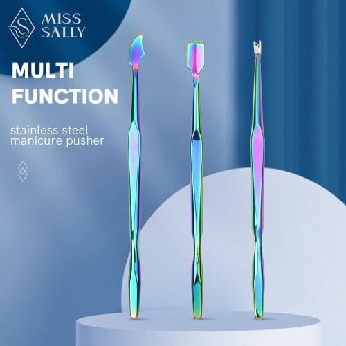Miss Sally Cuticle Pusher 3pcs Rainbow Stainless Steel Dead Skin Push Remover Nail Art Cleaner Care Tool For Pedicure Manicure