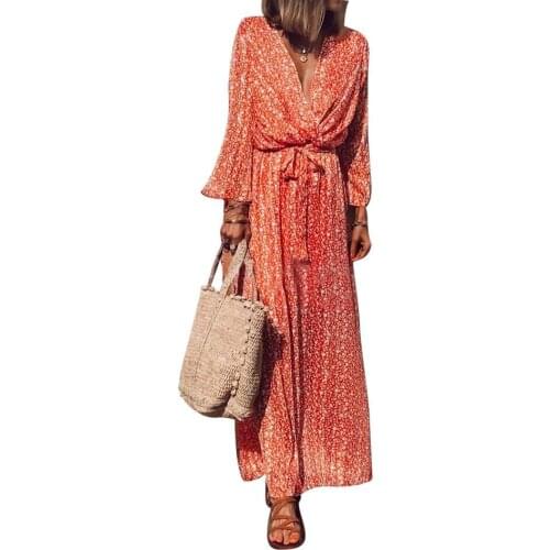 Bandage Long Sleeve Dress Women Bohemian Deep V Neck Print Long Dresses Femme Casual Loose Maxi Plus Size Dress