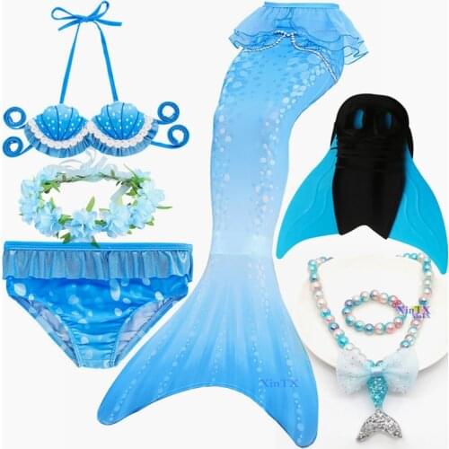 Children Fancy the Little Mermaid Tail with Monofin Bathing Suit Tail Mermaid for Girls Crown Costume Can Add Monofin