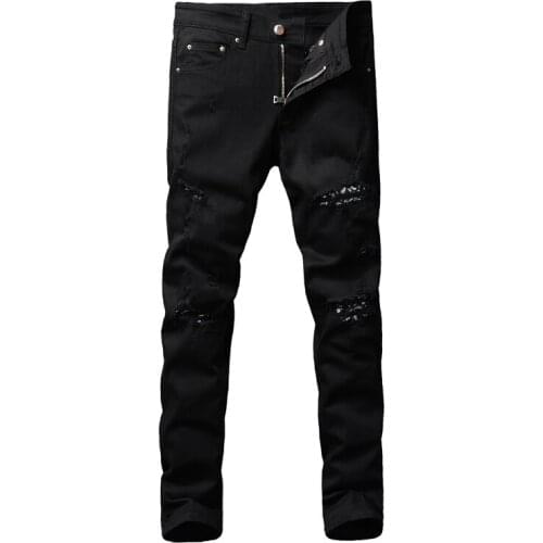 Fashion Streetwear Men Jeans High Quality Black Color Elastic Slim Fit Ripped Jeans Men Patch Designer Hip Hop Denim Punk Pants