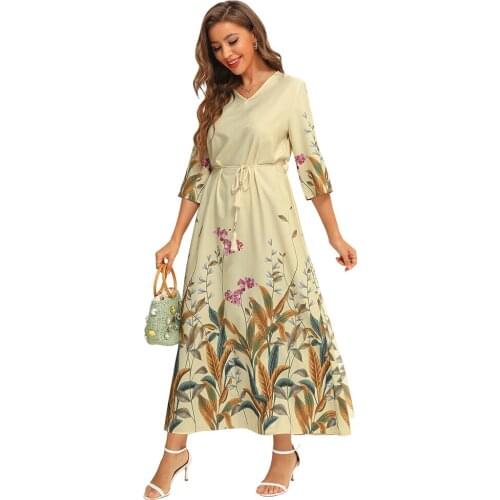 Fridayin 2021 Elegant Plant Flower Print Female Loose Long Dress Summer Banquet Casual V-Neck Vestidos