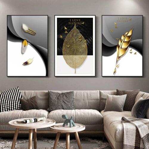 Golden Leaf Feather Canvas Paintings On the Wall Posters And Prints Home Decor Modern Black and White Pictures For Living Room