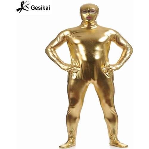 Gesikai Fancy Adult Metallic Open Eyes and Mouth Zentai Full Bodysuit Shiny Men Tights Suit Jumpsuits Men Halloween Costumes