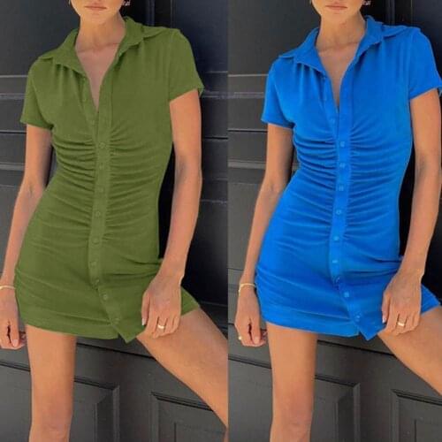 Summer Party Basic Dresses Ladies Short sleeve Womens Solid Bodycon Stretch Mini Dress Turndown Collar Slim Pencil Short Vestido