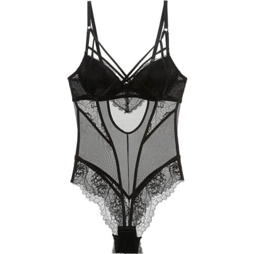 Sexy Mesh Transparent Bustiers Corsets With Lace Bandage Bra Push Up Underwear Lace Teddy Bodysuit with Padded Women Lingerie