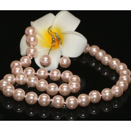 New Bohemia style pink 10mm round simulated-pearl shell beads chain necklace earrings women elegant jewelry set 18inch B2350